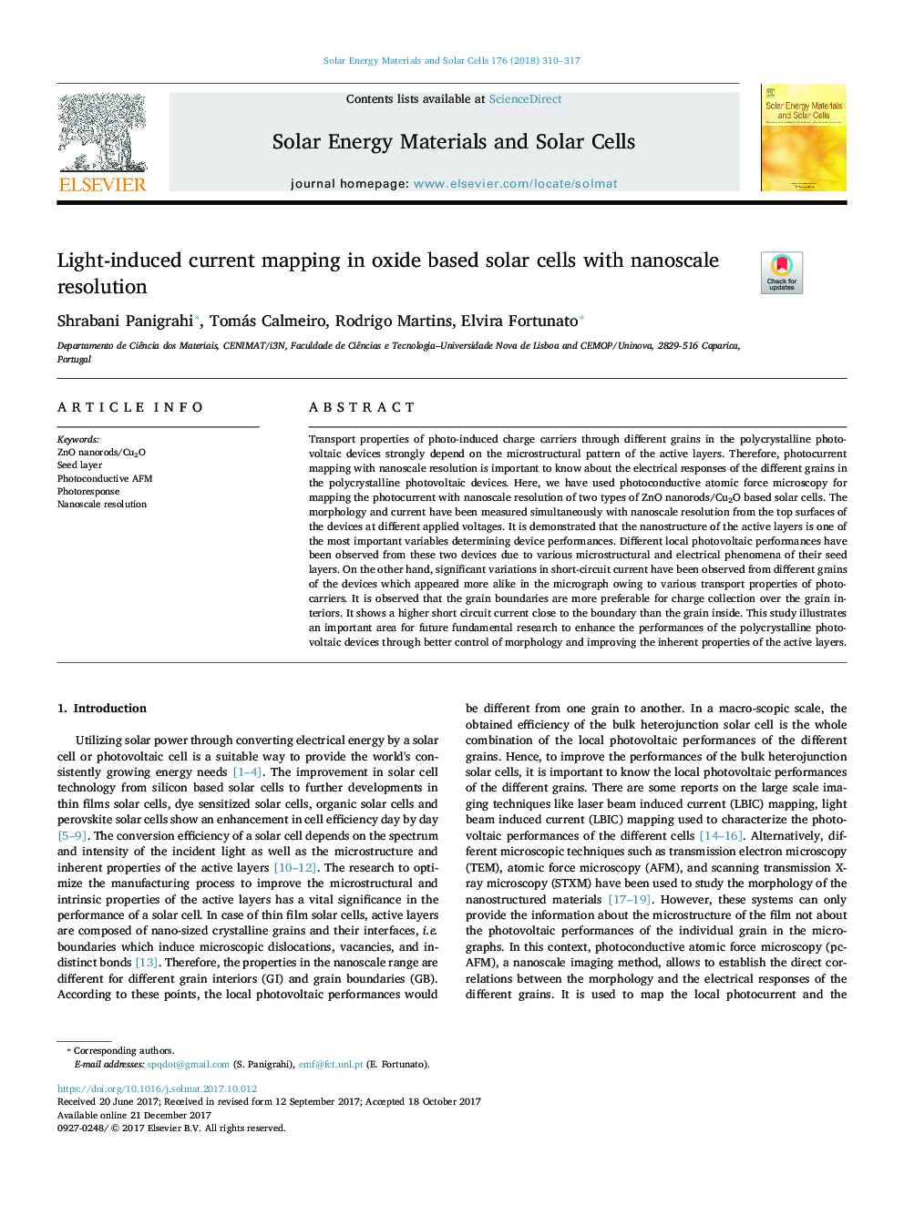 Light-induced current mapping in oxide based solar cells with nanoscale resolution