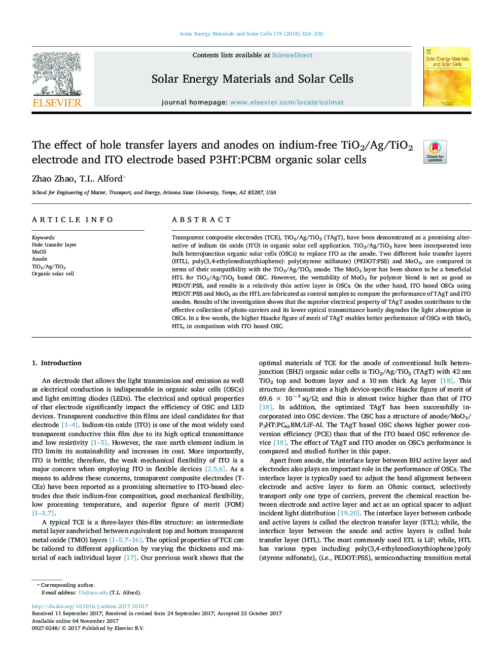 The effect of hole transfer layers and anodes on indium-free TiO2/Ag/TiO2 electrode and ITO electrode based P3HT:PCBM organic solar cells