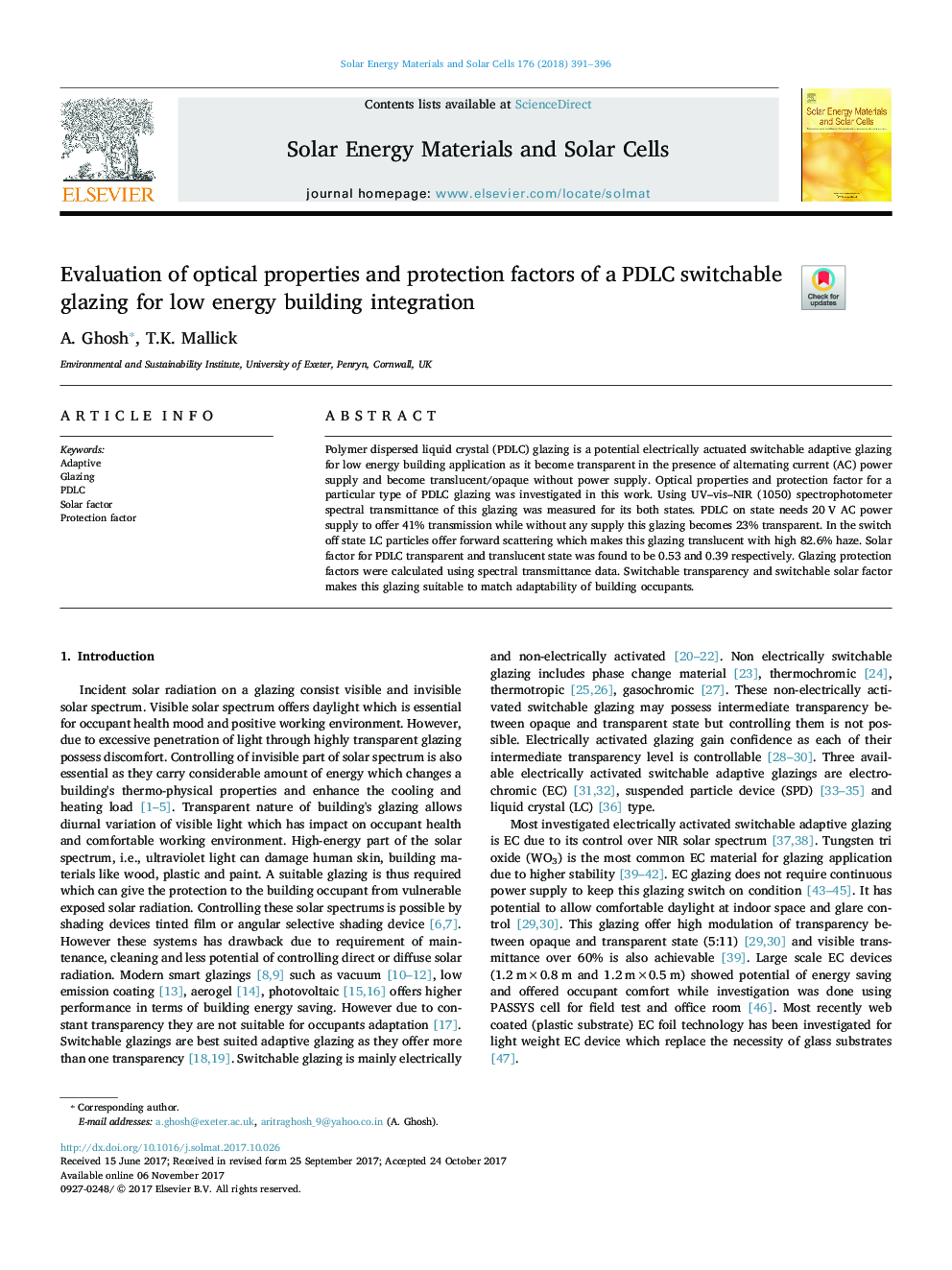 Evaluation of optical properties and protection factors of a PDLC switchable glazing for low energy building integration