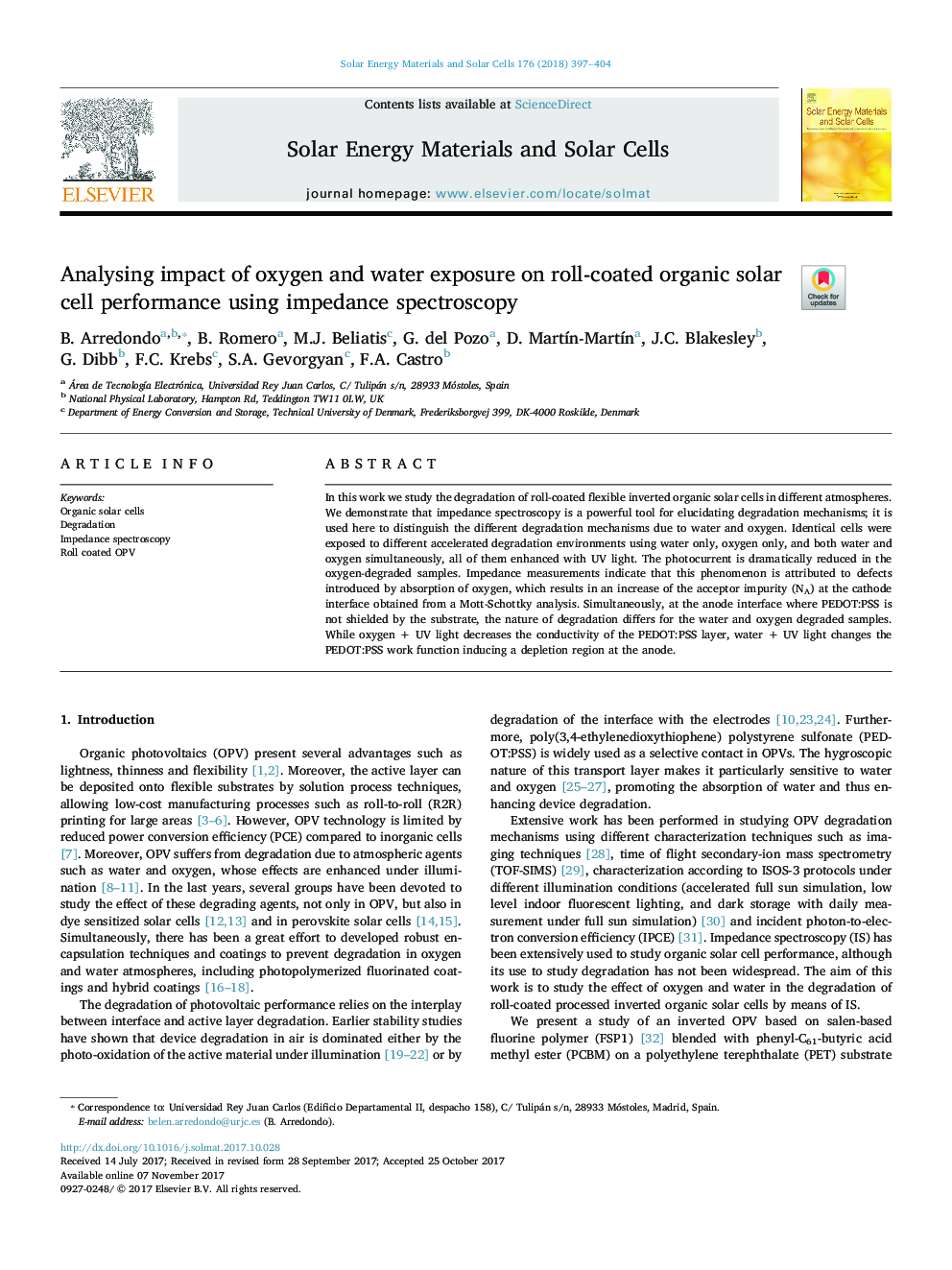 Analysing impact of oxygen and water exposure on roll-coated organic solar cell performance using impedance spectroscopy