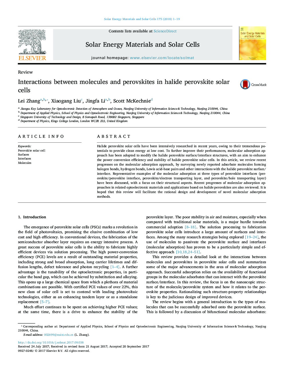 Interactions between molecules and perovskites in halide perovskite solar cells