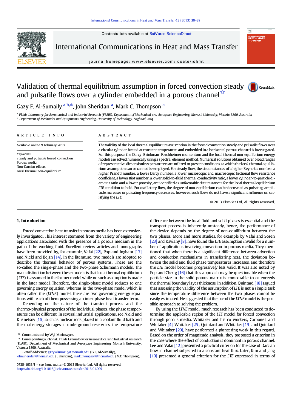 Validation of thermal equilibrium assumption in forced convection steady and pulsatile flows over a cylinder embedded in a porous channel