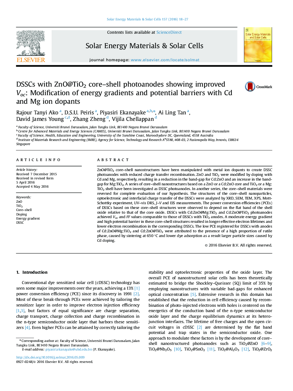 DSSCs with ZnO@TiO2 core-shell photoanodes showing improved Voc: Modification of energy gradients and potential barriers with Cd and Mg ion dopants