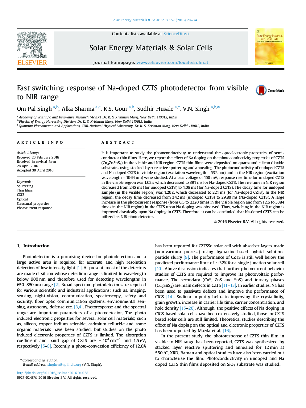 Fast switching response of Na-doped CZTS photodetector from visible to NIR range