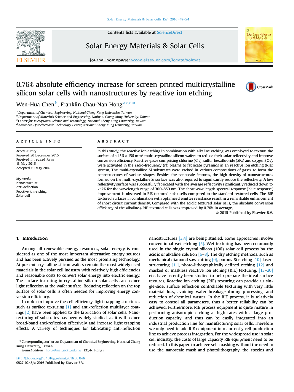 0.76% absolute efficiency increase for screen-printed multicrystalline silicon solar cells with nanostructures by reactive ion etching