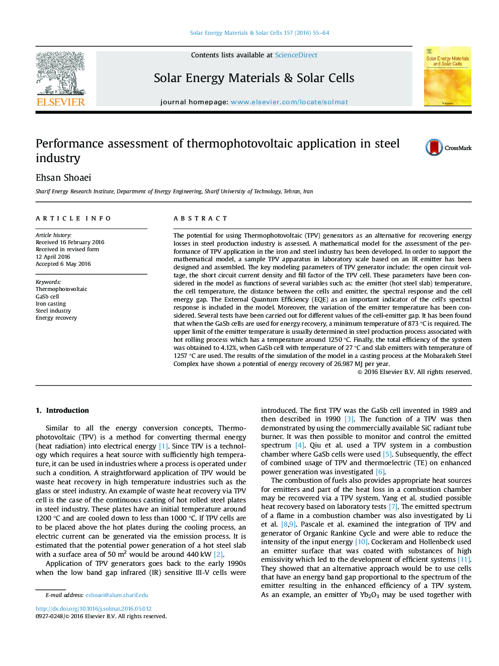 Performance assessment of thermophotovoltaic application in steel industry