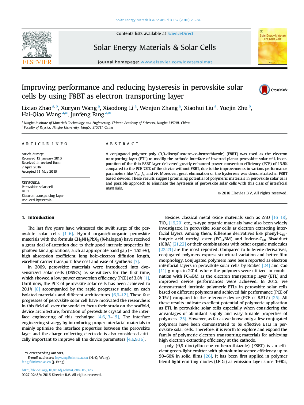 Improving performance and reducing hysteresis in perovskite solar cells by using F8BT as electron transporting layer