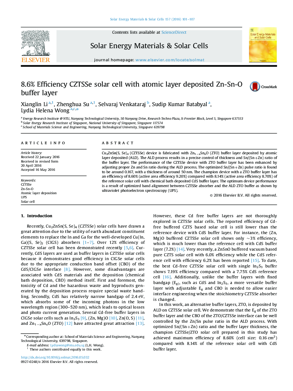 8.6% Efficiency CZTSSe solar cell with atomic layer deposited Zn-Sn-O buffer layer