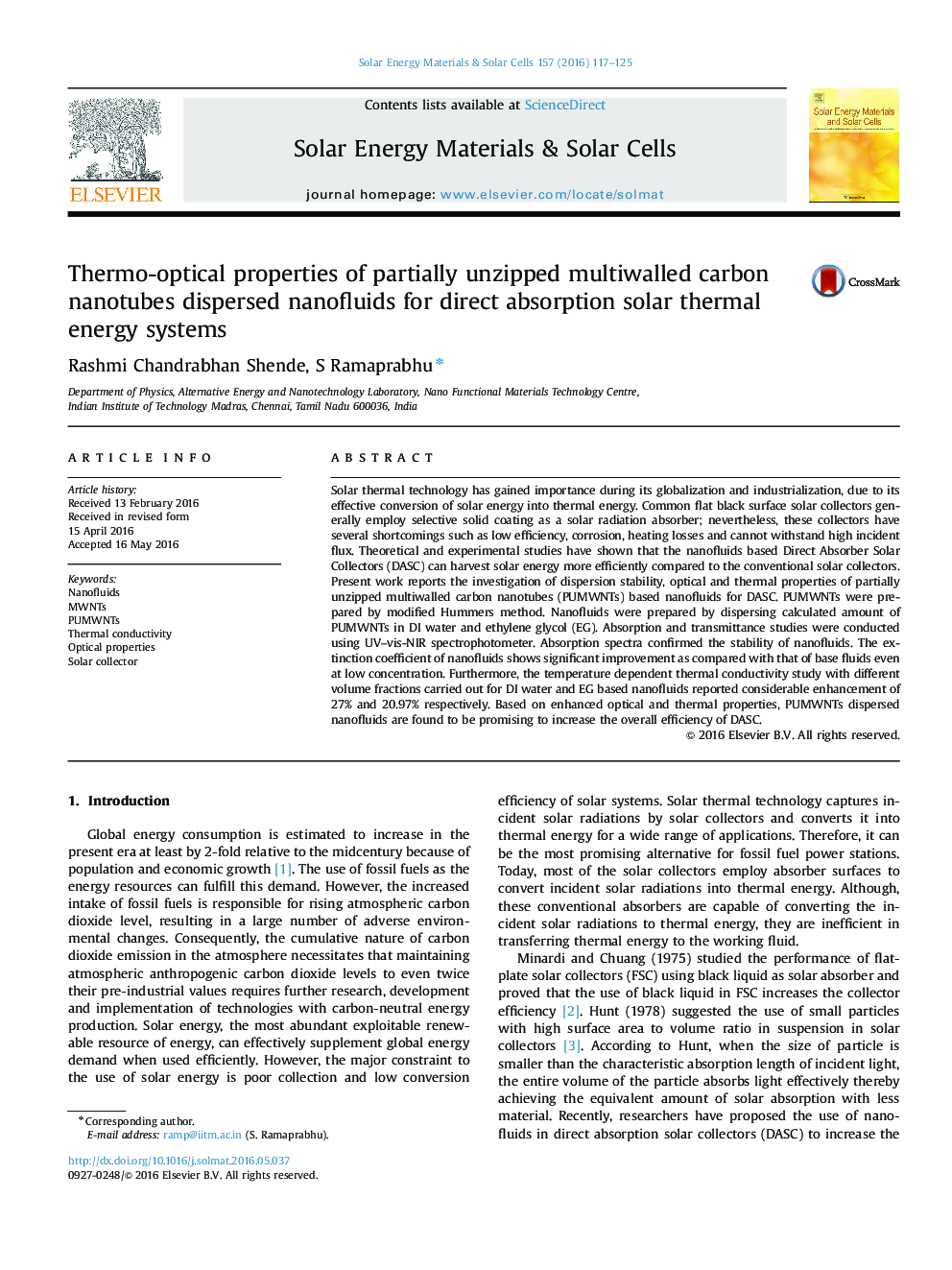 Thermo-optical properties of partially unzipped multiwalled carbon nanotubes dispersed nanofluids for direct absorption solar thermal energy systems