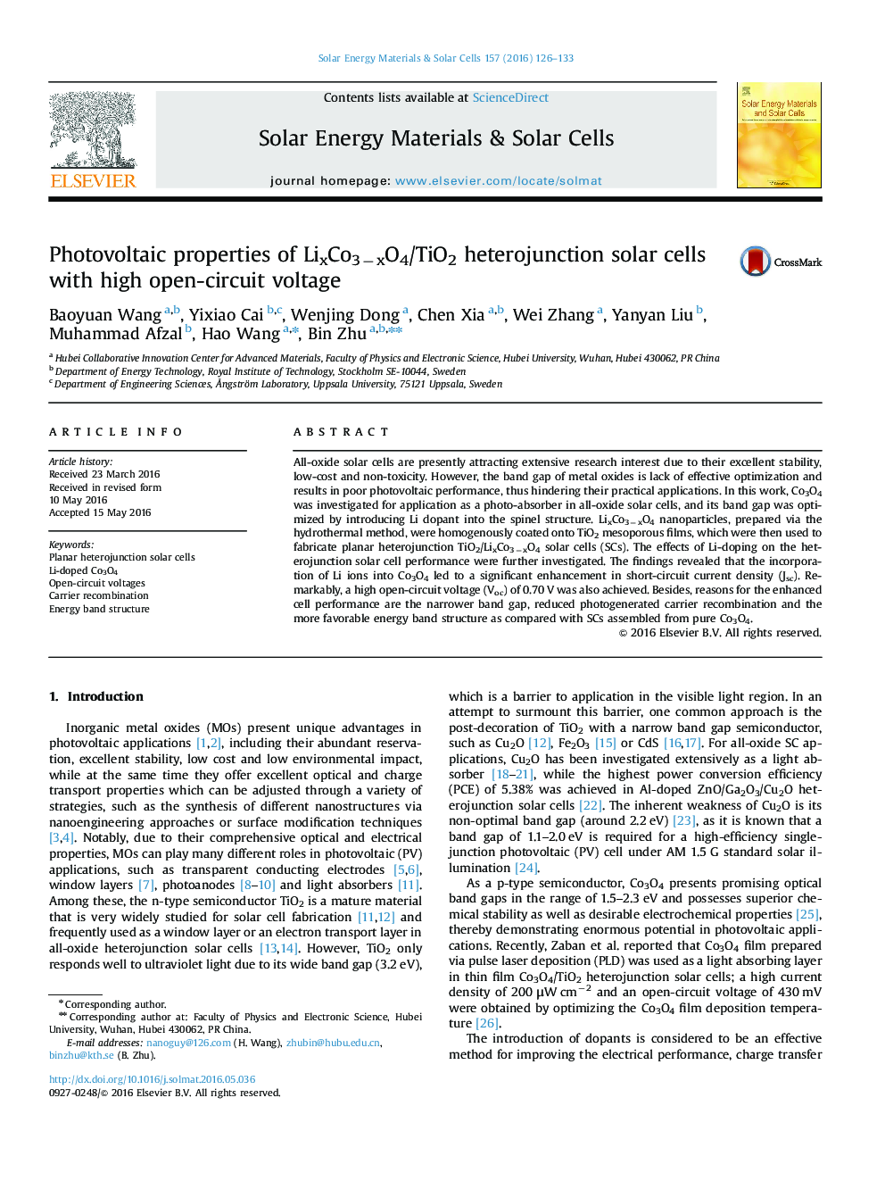 Photovoltaic properties of LixCo3âxO4/TiO2 heterojunction solar cells with high open-circuit voltage