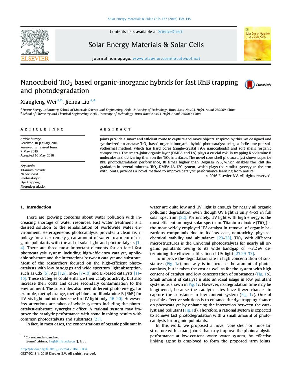 Nanocuboid TiO2 based organic-inorganic hybrids for fast RhB trapping and photodegradation