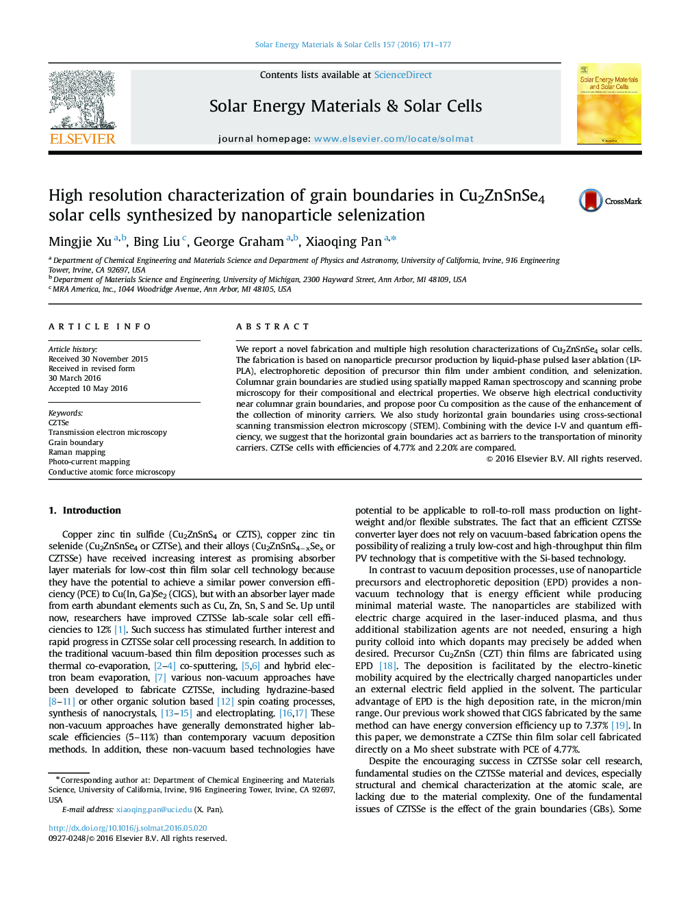 High resolution characterization of grain boundaries in Cu2ZnSnSe4 solar cells synthesized by nanoparticle selenization