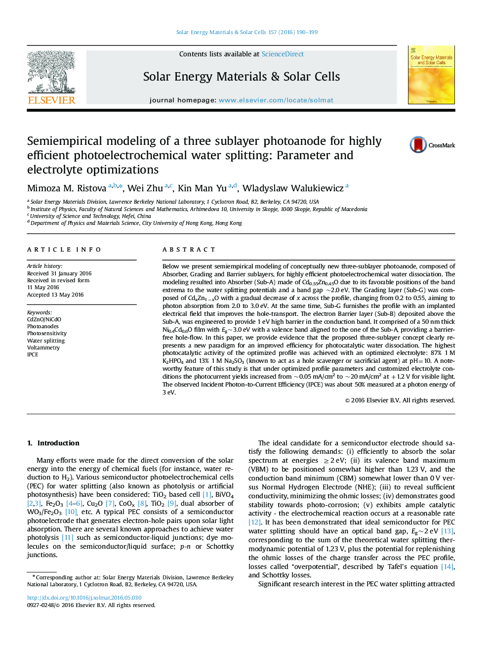 Semiempirical modeling of a three sublayer photoanode for highly efficient photoelectrochemical water splitting: Parameter and electrolyte optimizations