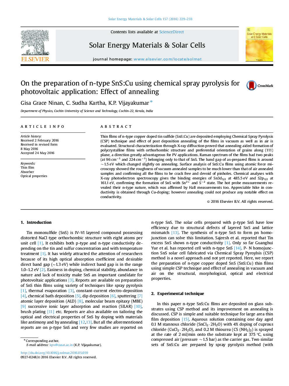 On the preparation of n-type SnS:Cu using chemical spray pyrolysis for photovoltaic application: Effect of annealing