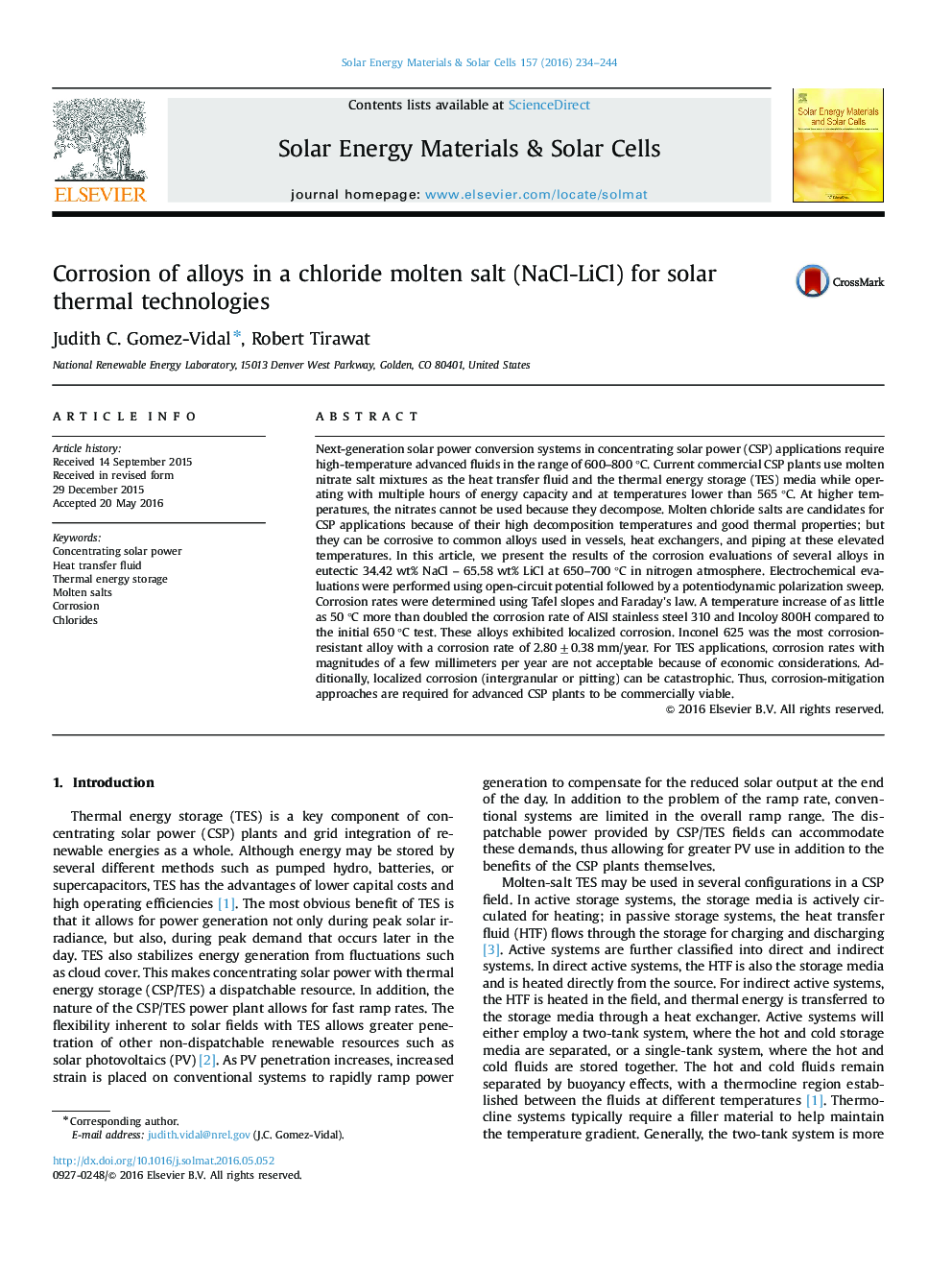 Corrosion of alloys in a chloride molten salt (NaCl-LiCl) for solar thermal technologies