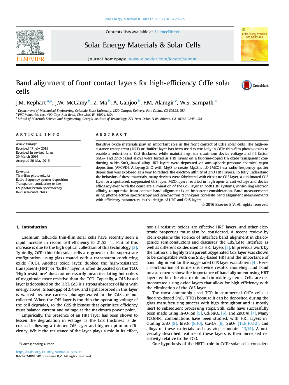 Band alignment of front contact layers for high-efficiency CdTe solar cells