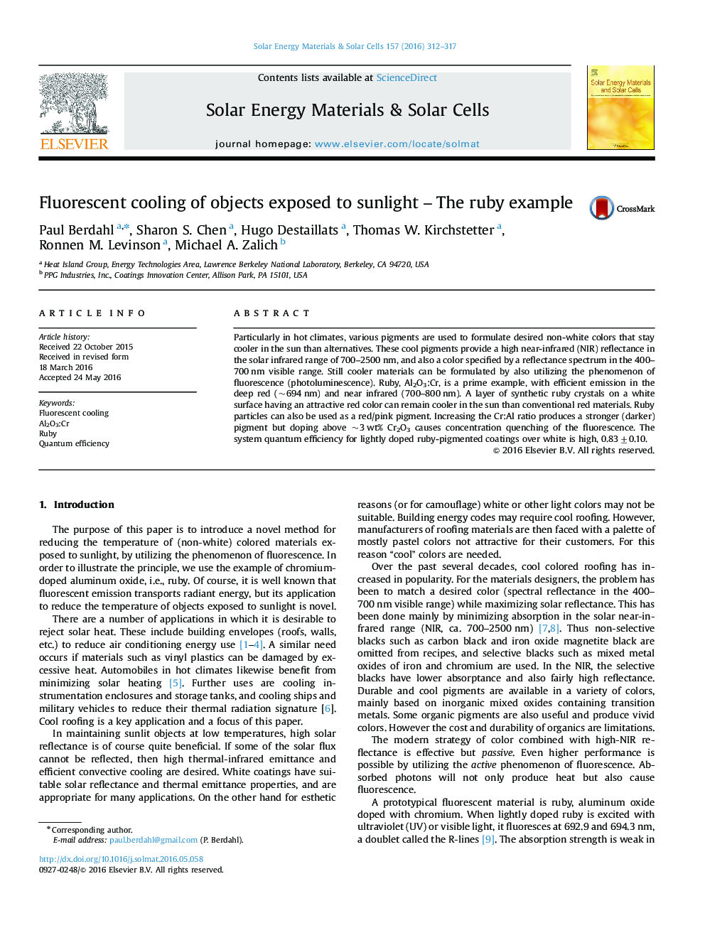 Fluorescent cooling of objects exposed to sunlight - The ruby example