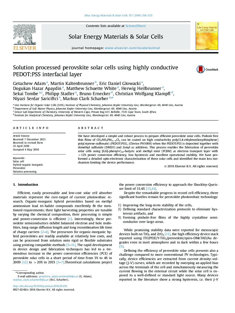 Solution processed perovskite solar cells using highly conductive PEDOT:PSS interfacial layer