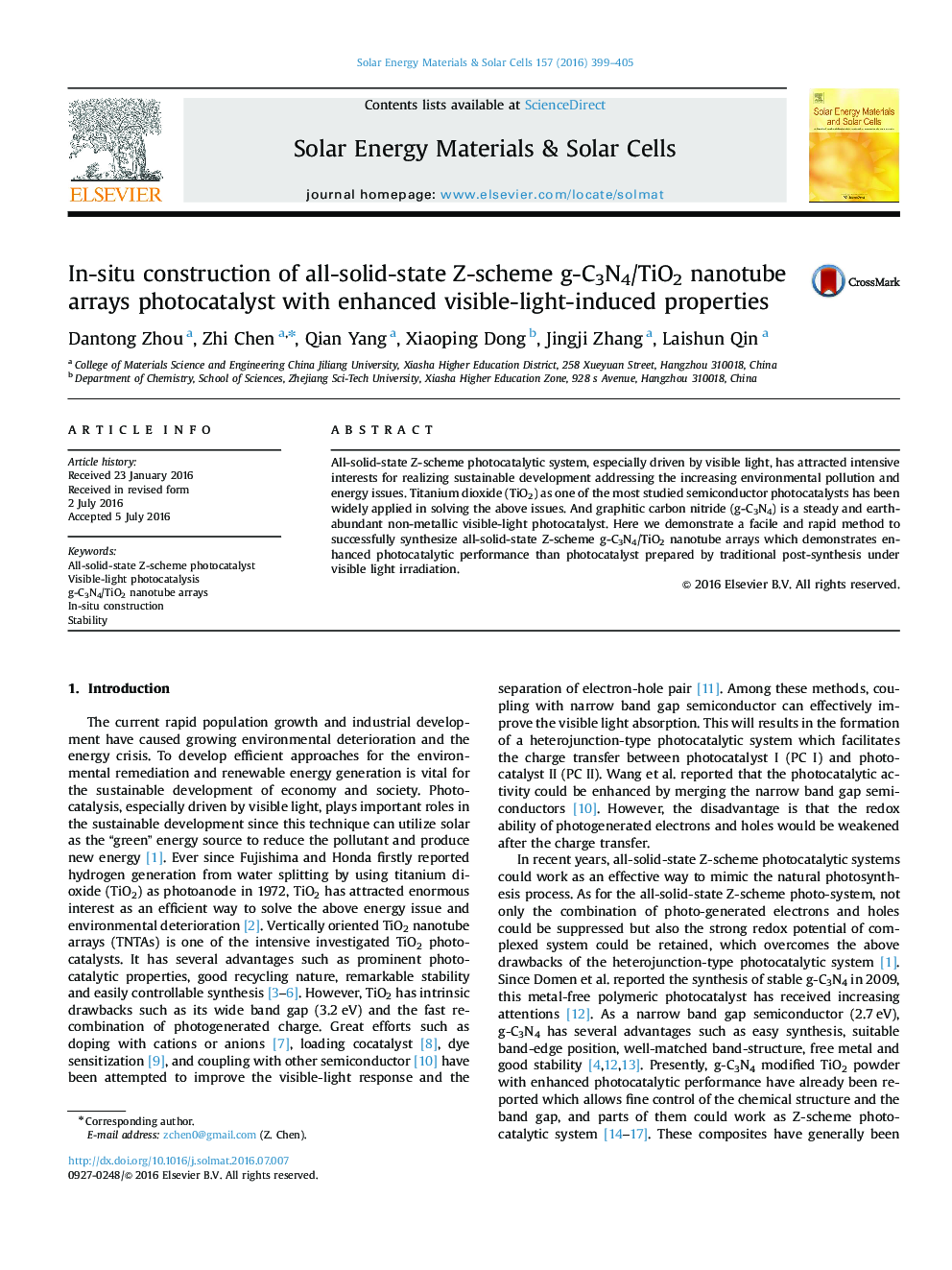 In-situ construction of all-solid-state Z-scheme g-C3N4/TiO2 nanotube arrays photocatalyst with enhanced visible-light-induced properties