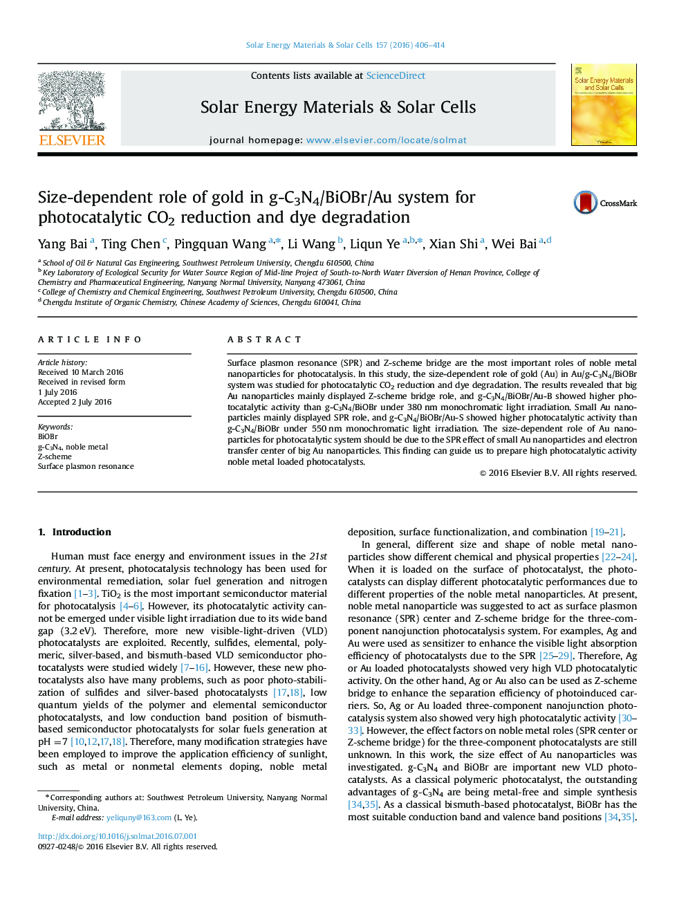 Size-dependent role of gold in g-C3N4/BiOBr/Au system for photocatalytic CO2 reduction and dye degradation