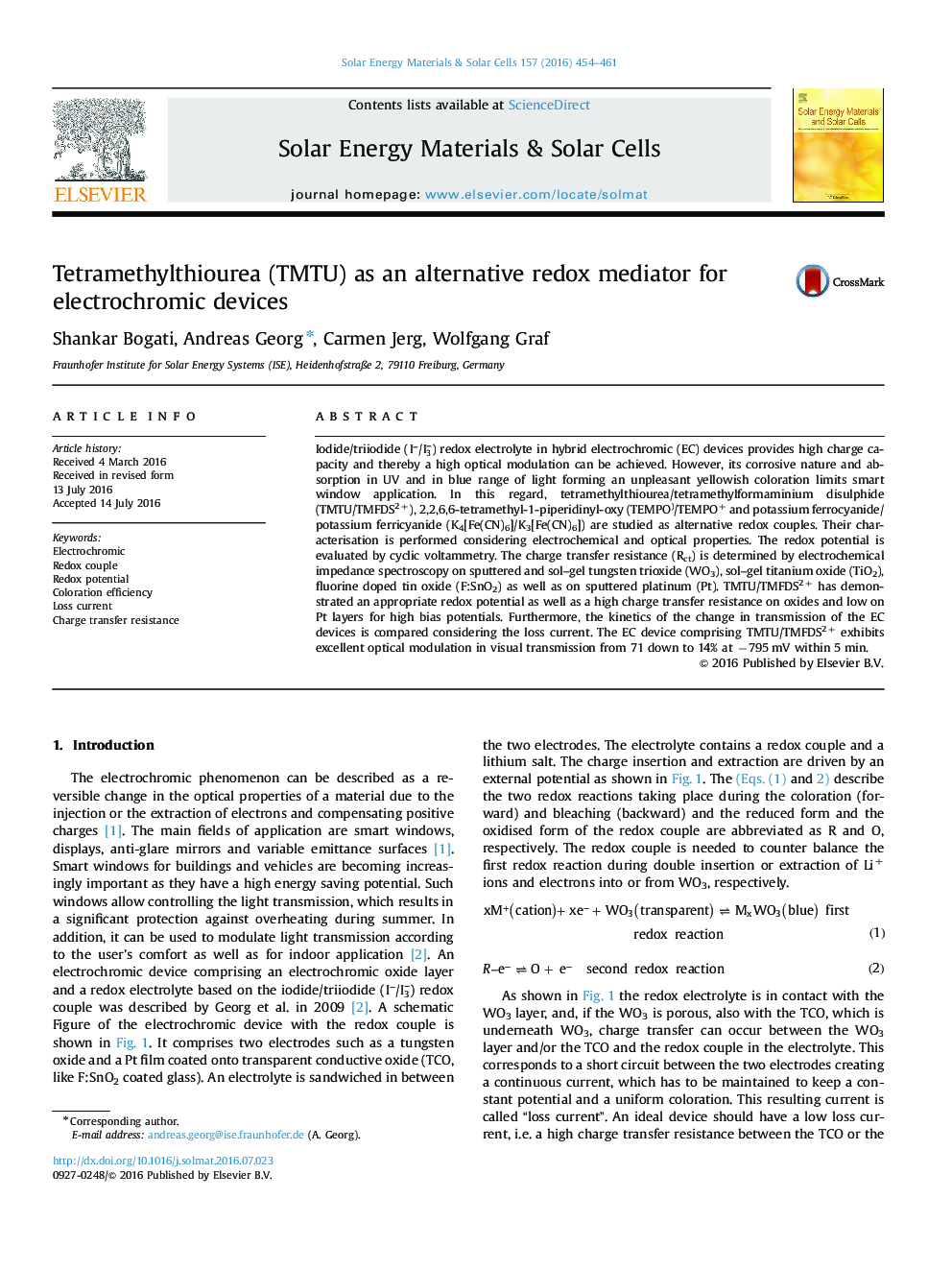 Tetramethylthiourea (TMTU) as an alternative redox mediator for electrochromic devices