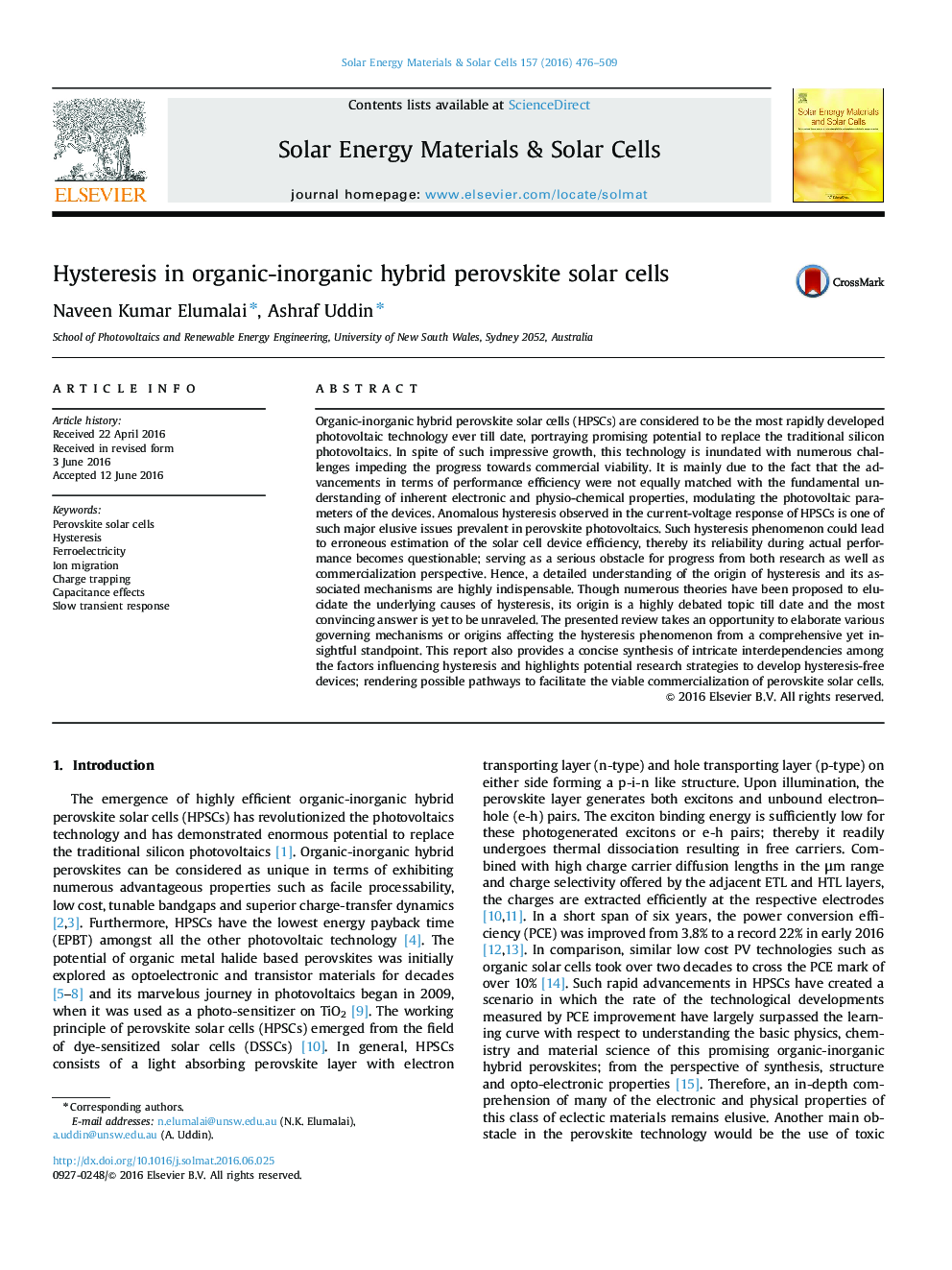 Hysteresis in organic-inorganic hybrid perovskite solar cells