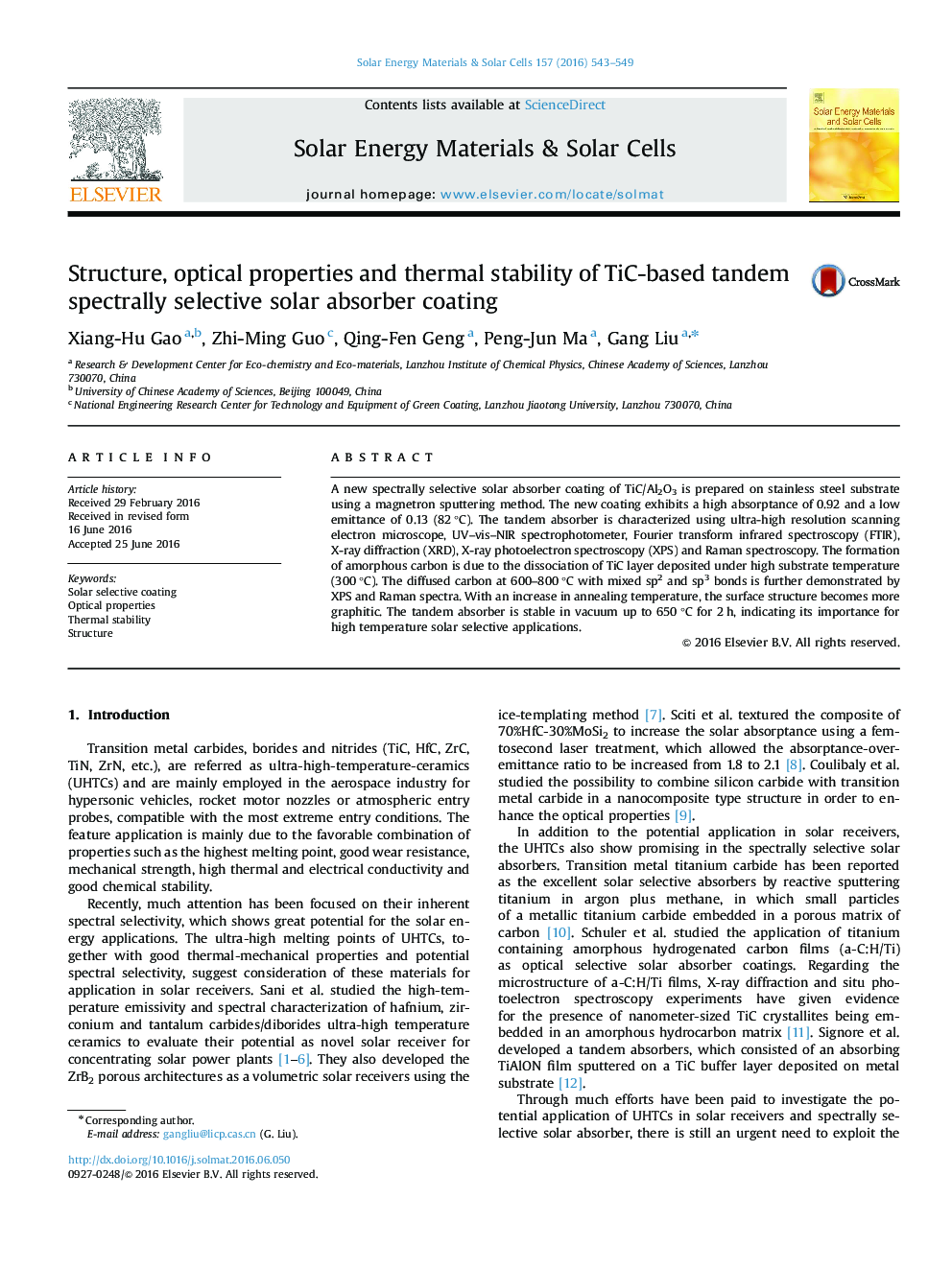 Structure, optical properties and thermal stability of TiC-based tandem spectrally selective solar absorber coating