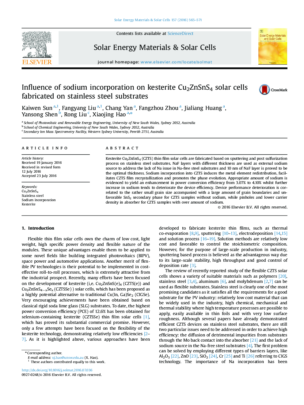 Influence of sodium incorporation on kesterite Cu2ZnSnS4 solar cells fabricated on stainless steel substrates