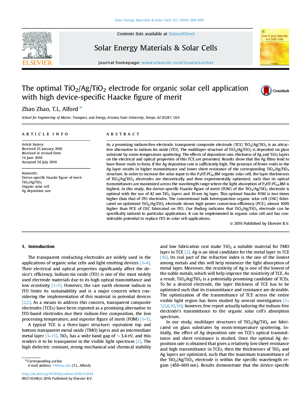 The optimal TiO2/Ag/TiO2 electrode for organic solar cell application with high device-specific Haacke figure of merit