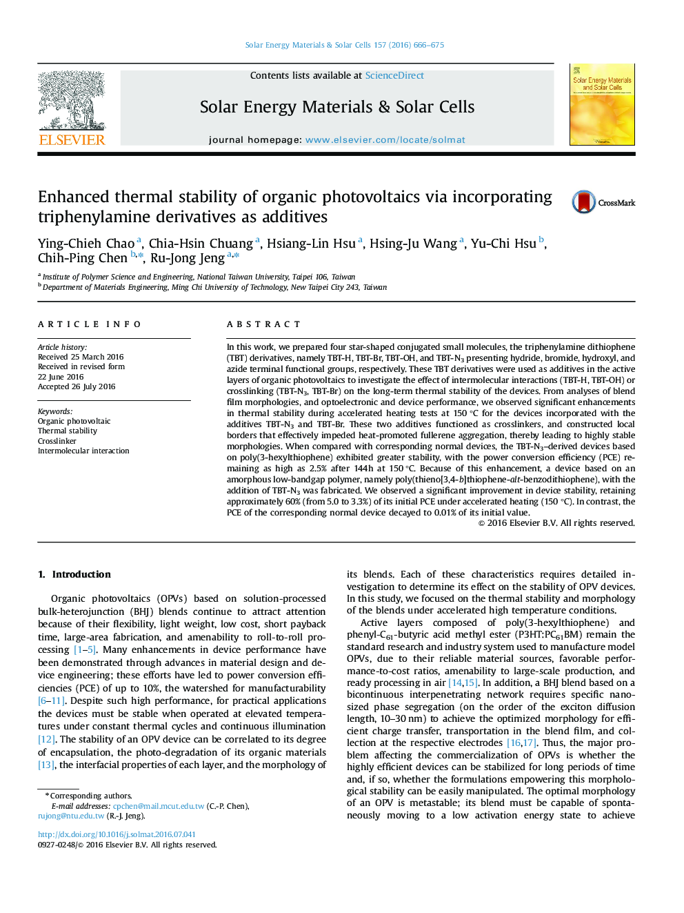 Enhanced thermal stability of organic photovoltaics via incorporating triphenylamine derivatives as additives