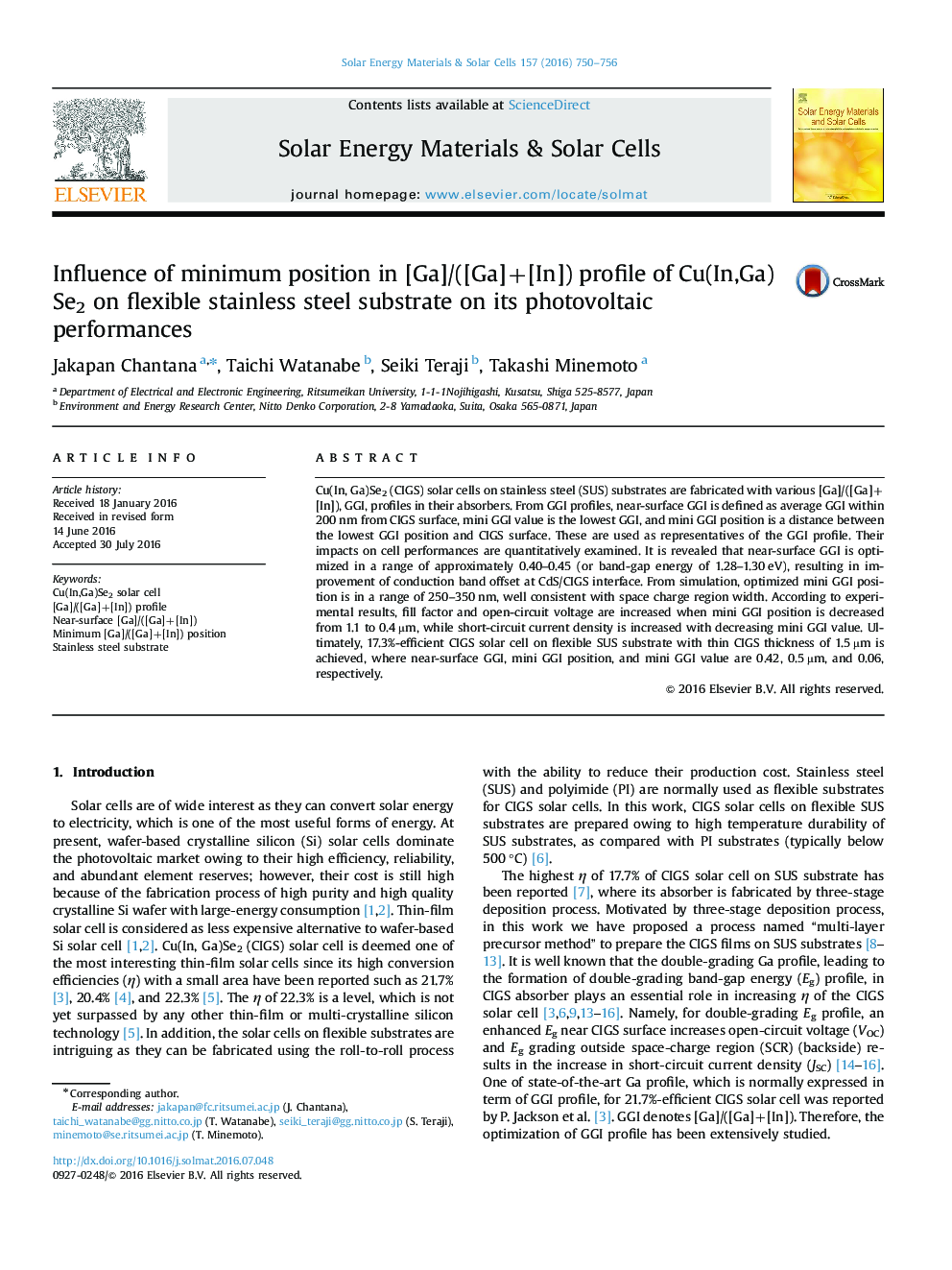 Influence of minimum position in [Ga]/([Ga]+[In]) profile of Cu(In,Ga)Se2 on flexible stainless steel substrate on its photovoltaic performances