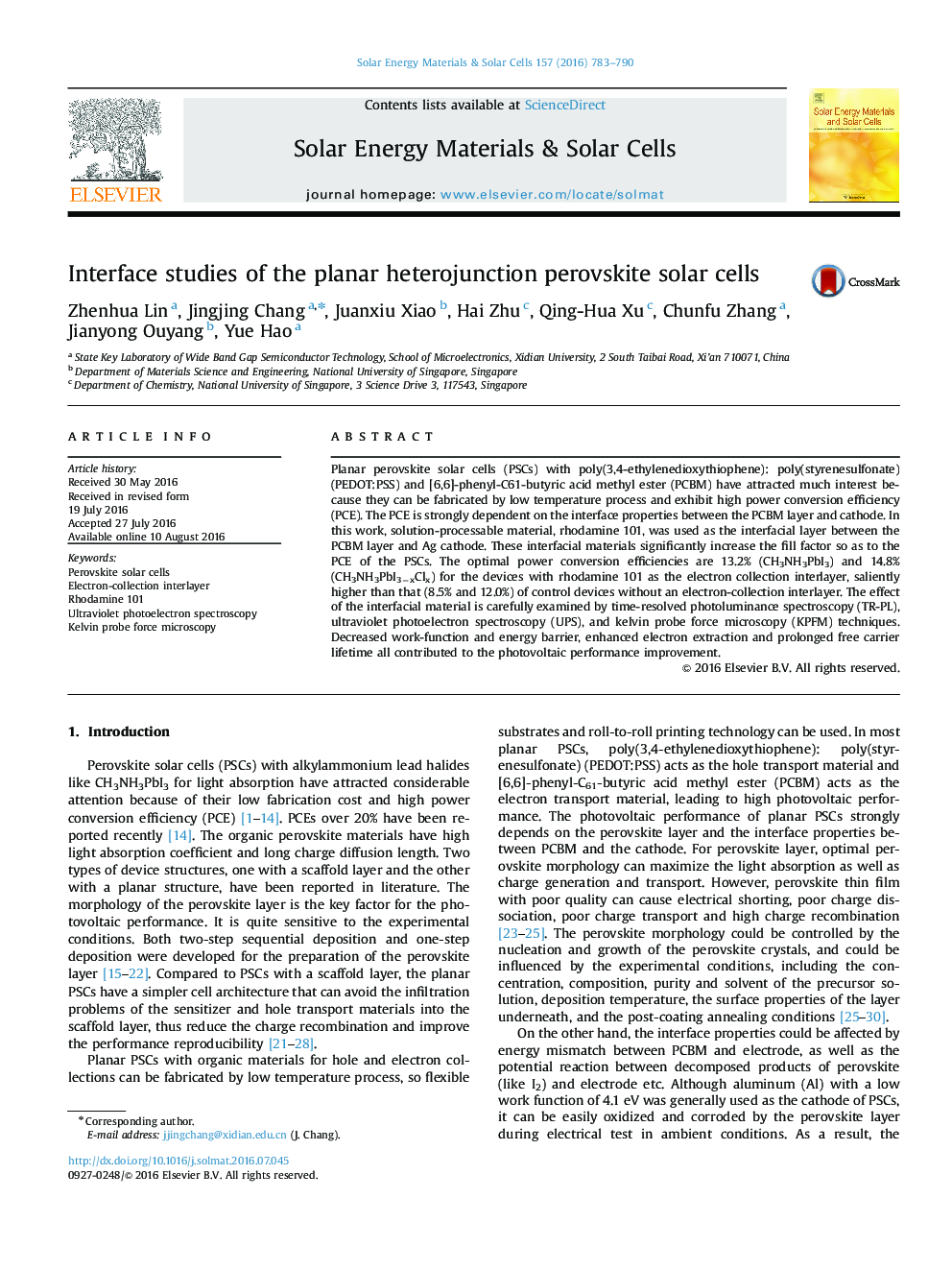 Interface studies of the planar heterojunction perovskite solar cells