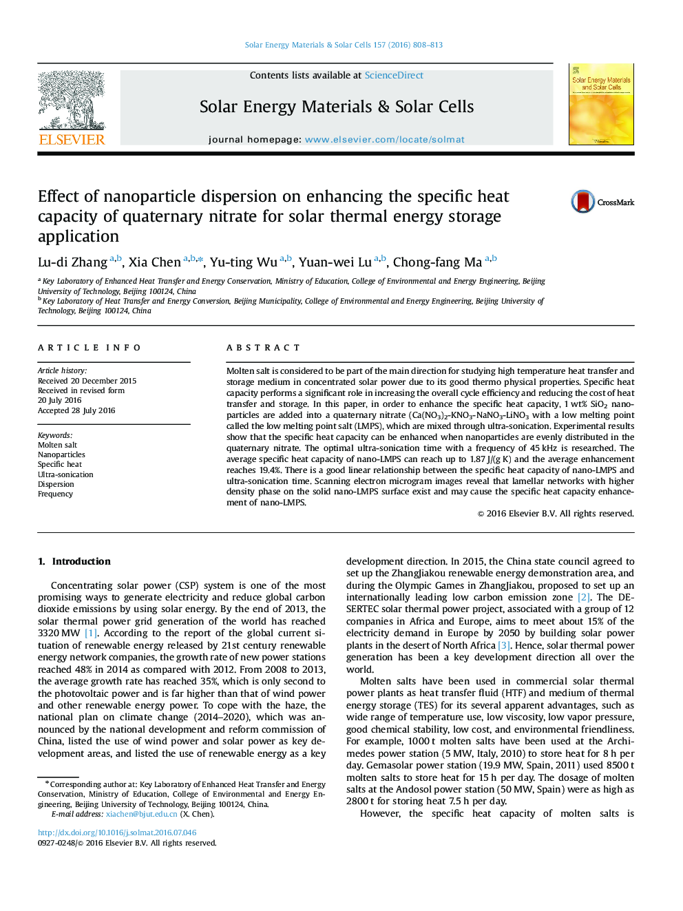 Effect of nanoparticle dispersion on enhancing the specific heat capacity of quaternary nitrate for solar thermal energy storage application