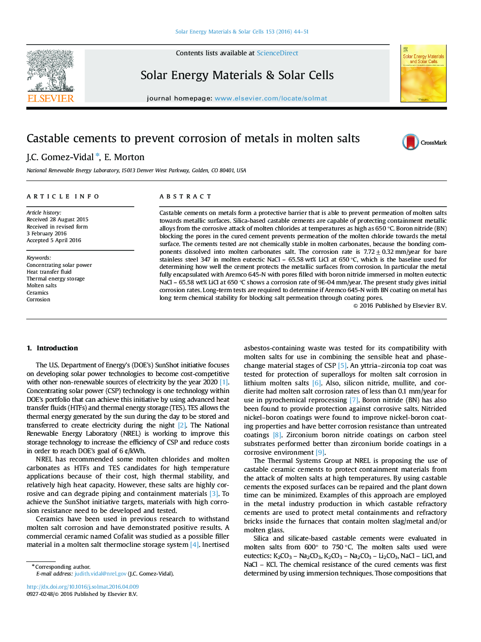 Castable cements to prevent corrosion of metals in molten salts