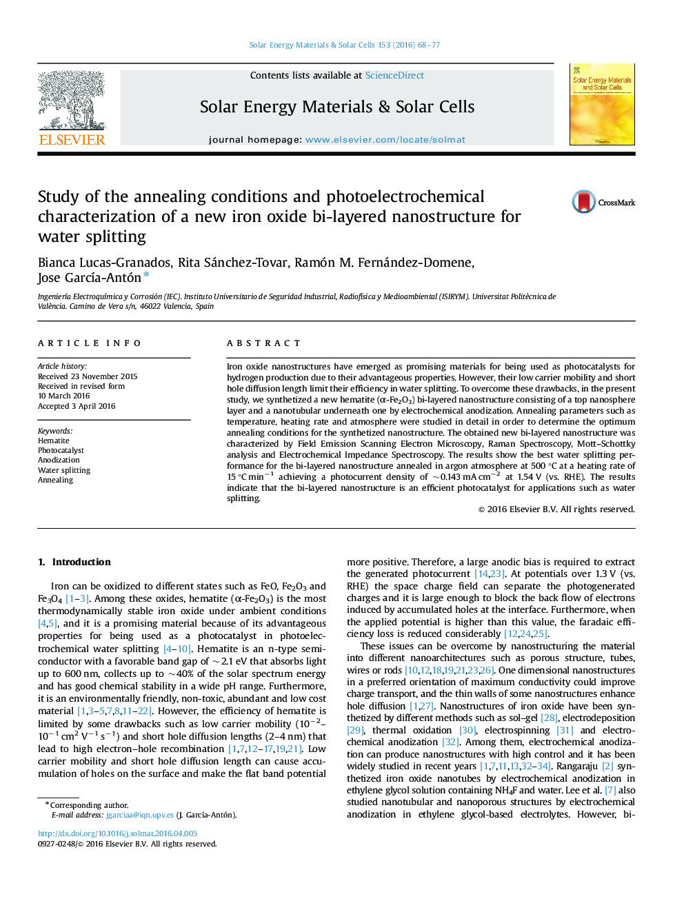 Study of the annealing conditions and photoelectrochemical characterization of a new iron oxide bi-layered nanostructure for water splitting