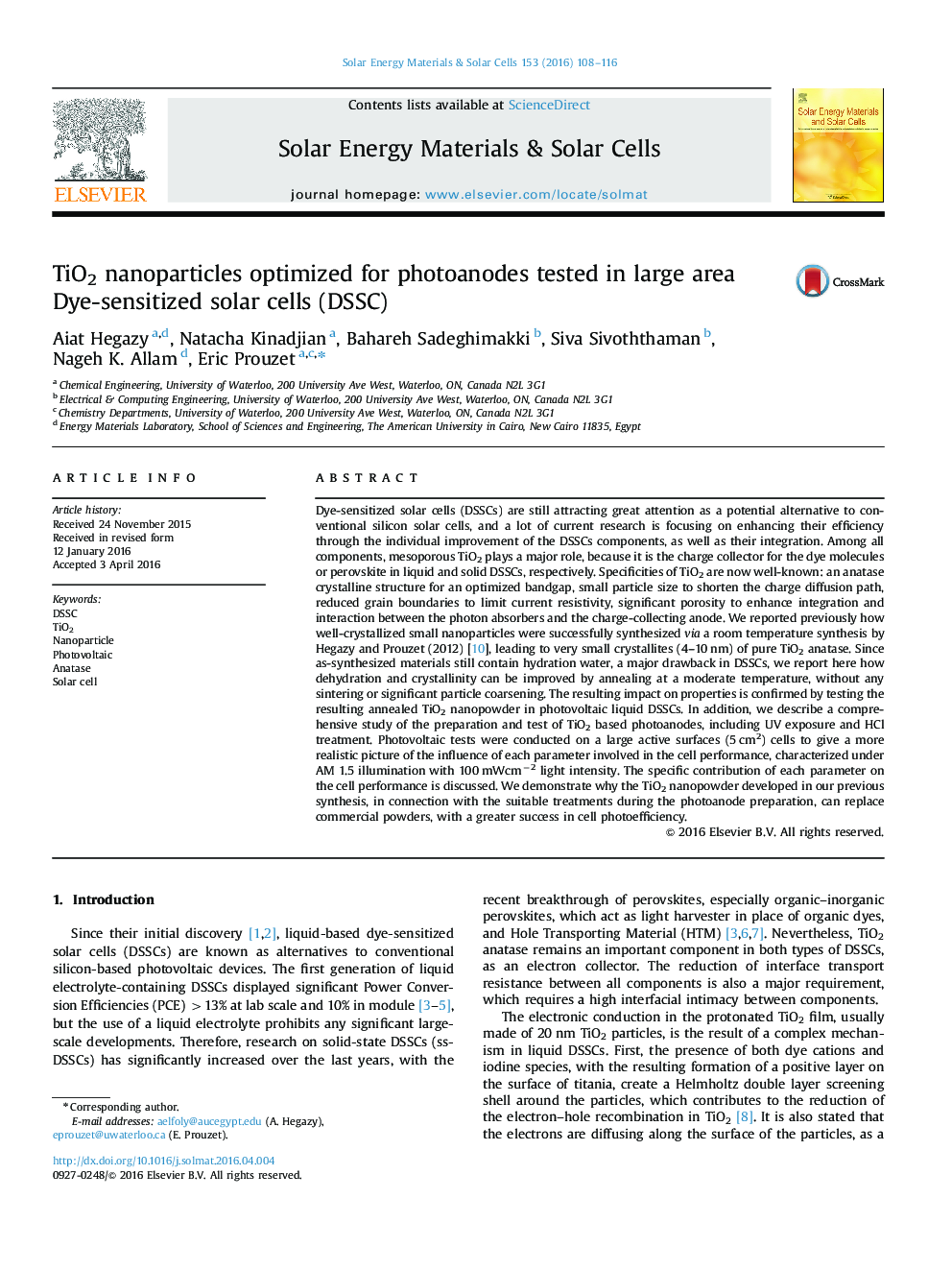 TiO2 nanoparticles optimized for photoanodes tested in large area Dye-sensitized solar cells (DSSC)