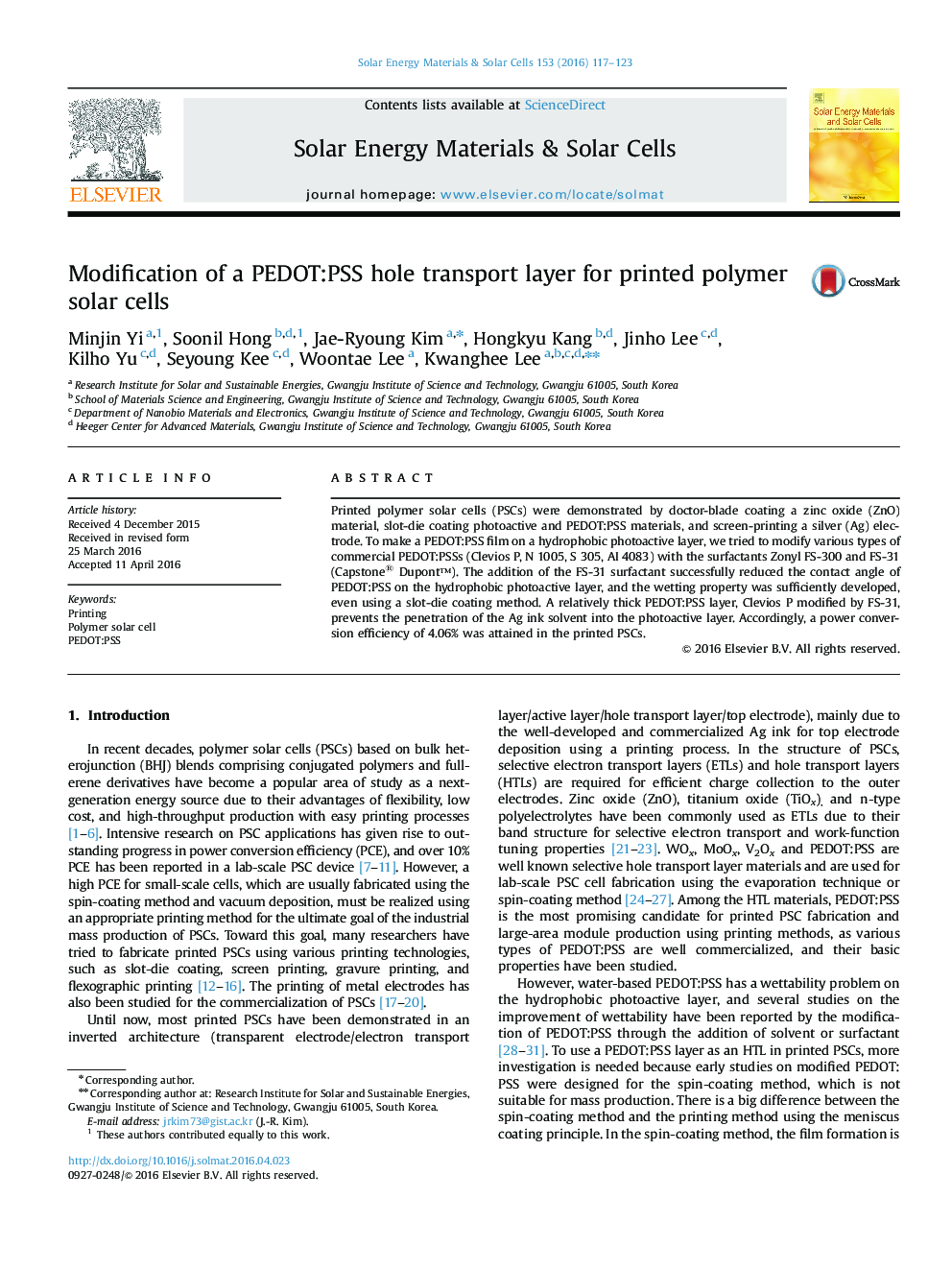 Modification of a PEDOT:PSS hole transport layer for printed polymer solar cells