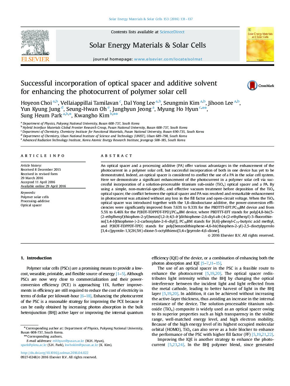 Successful incorporation of optical spacer and additive solvent for enhancing the photocurrent of polymer solar cell