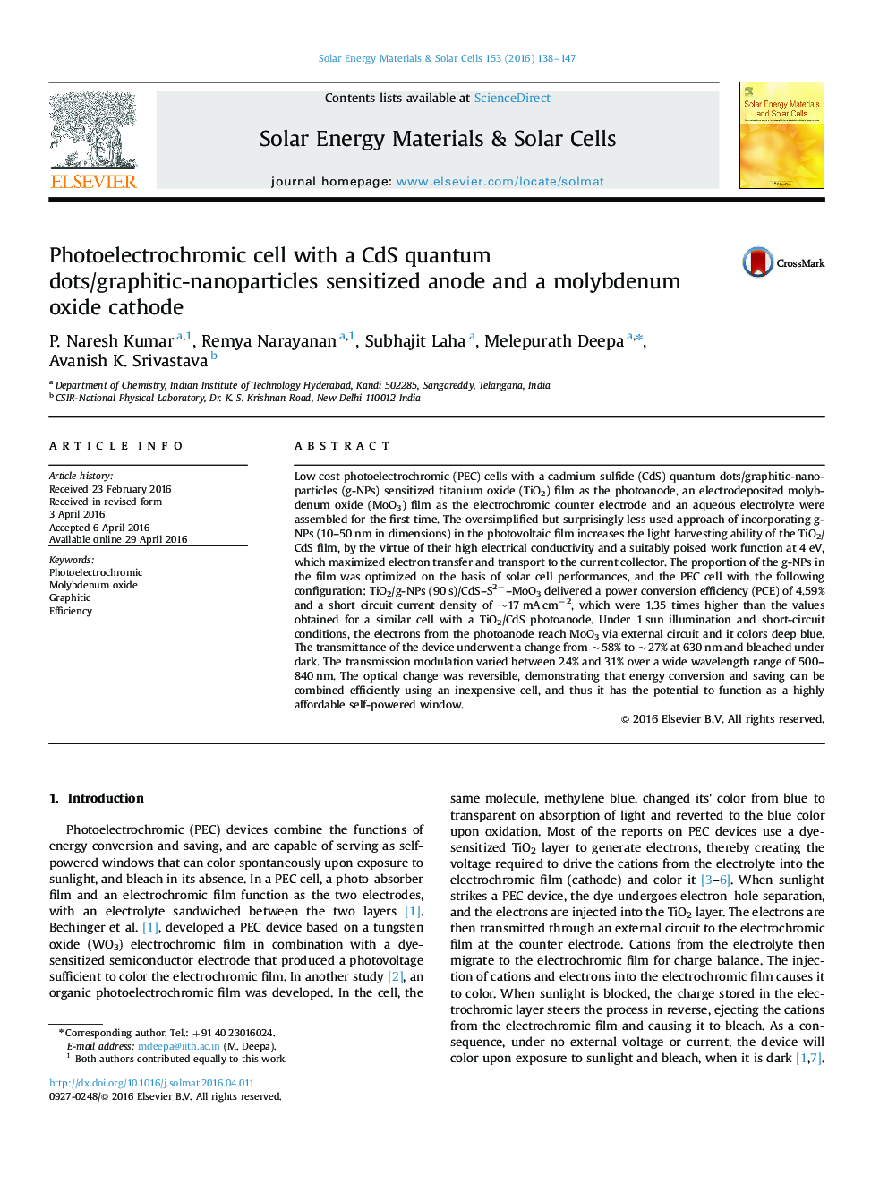 Photoelectrochromic cell with a CdS quantum dots/graphitic-nanoparticles sensitized anode and a molybdenum oxide cathode