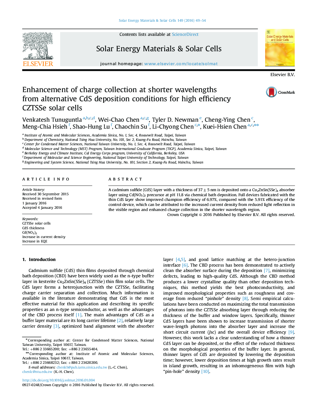 Enhancement of charge collection at shorter wavelengths from alternative CdS deposition conditions for high efficiency CZTSSe solar cells