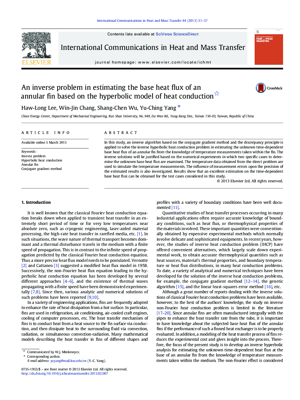 عکس صفحه اول مقاله: An inverse problem in estimating the base heat flux of an annular fin based on the hyperbolic model of heat conduction An inverse problem in estimating the base heat flux of an annular fin based on the hyperbolic model of heat conduction