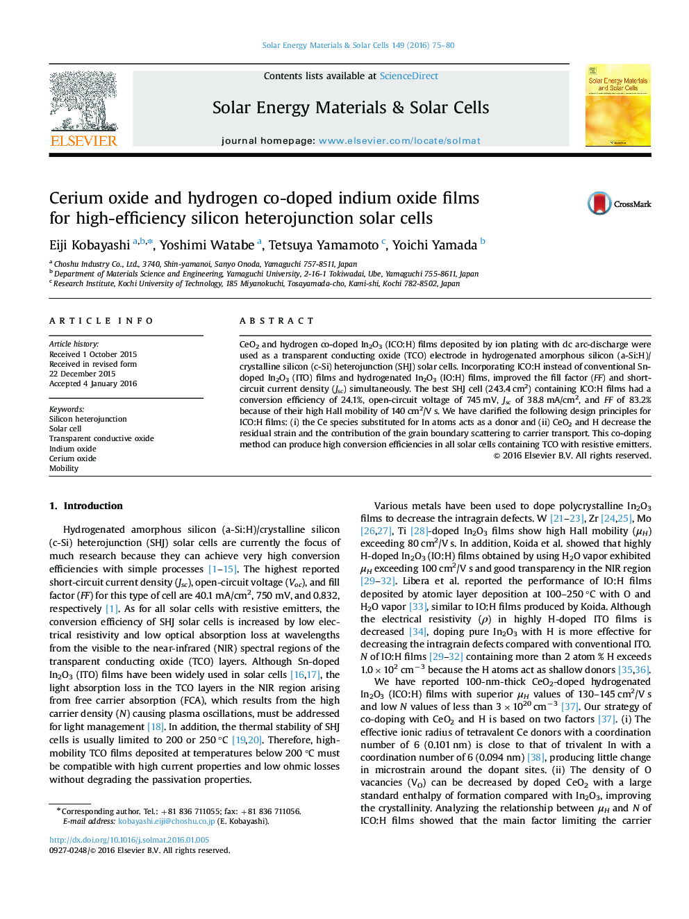 Cerium oxide and hydrogen co-doped indium oxide films for high-efficiency silicon heterojunction solar cells