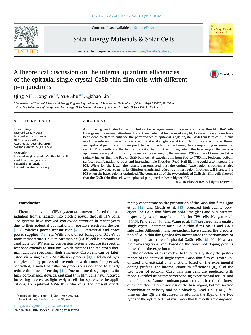 A theoretical discussion on the internal quantum efficiencies of the epitaxial single crystal GaSb thin film cells with different p-n junctions