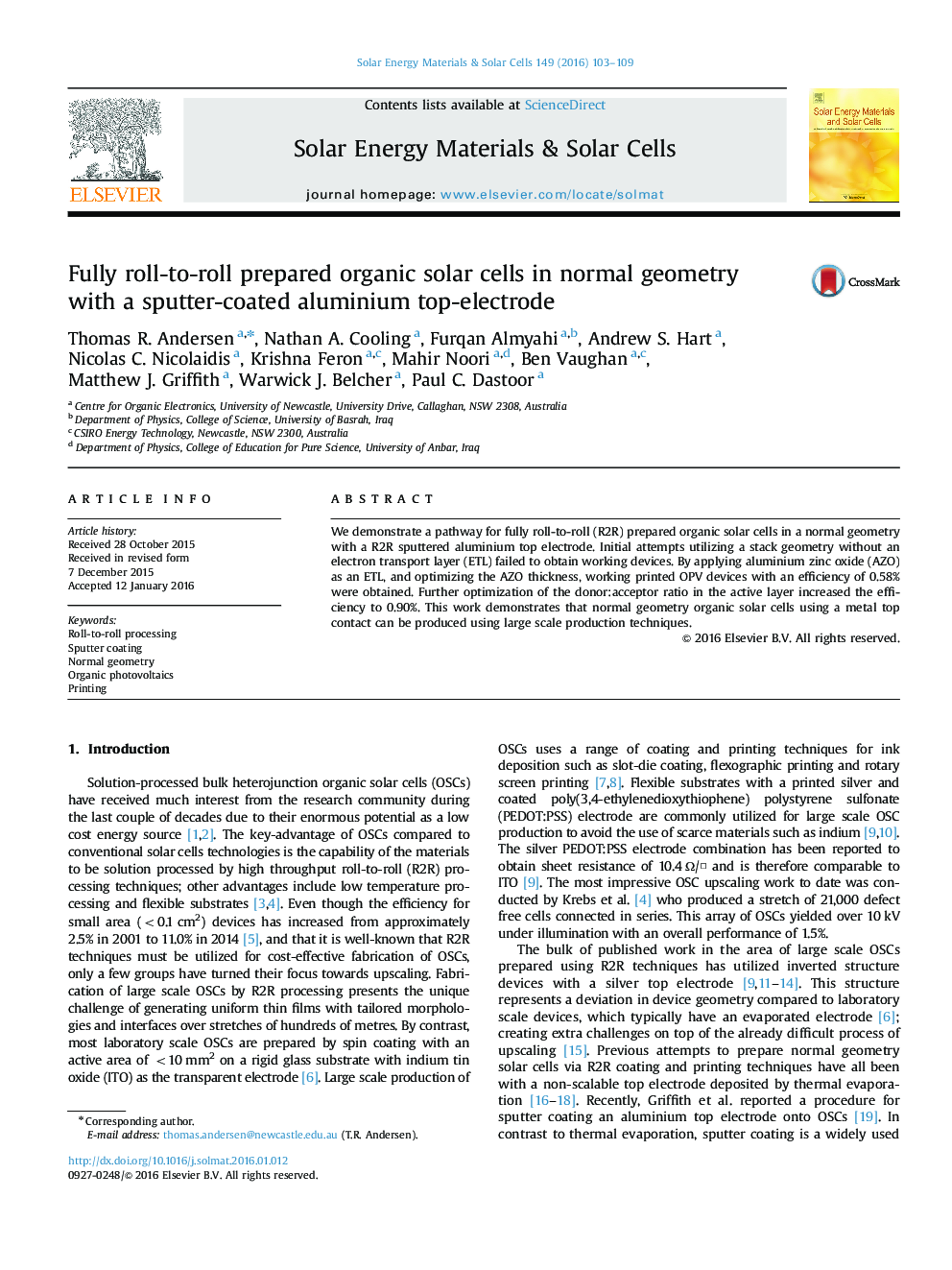 Fully roll-to-roll prepared organic solar cells in normal geometry with a sputter-coated aluminium top-electrode