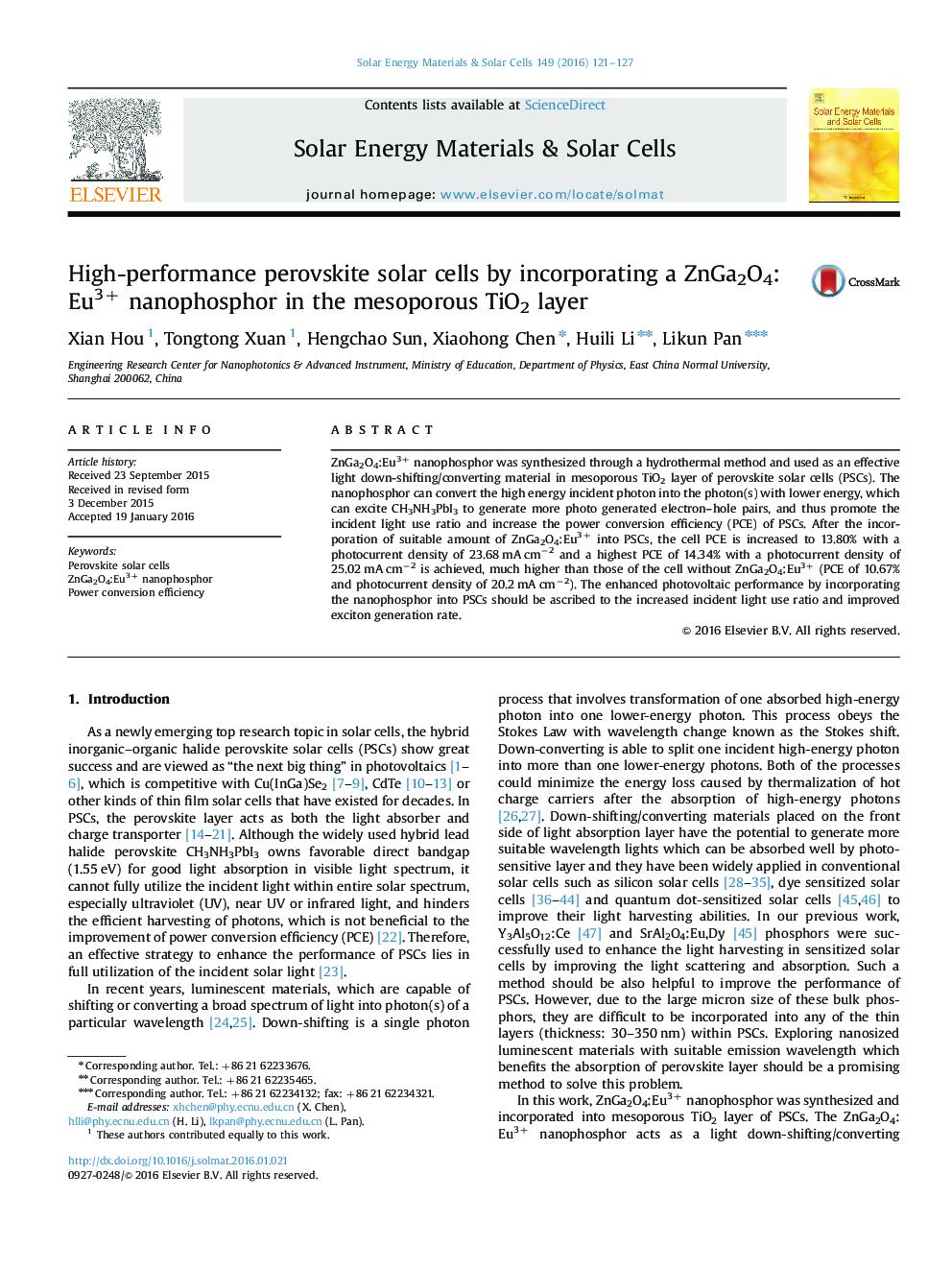 High-performance perovskite solar cells by incorporating a ZnGa2O4:Eu3+ nanophosphor in the mesoporous TiO2 layer