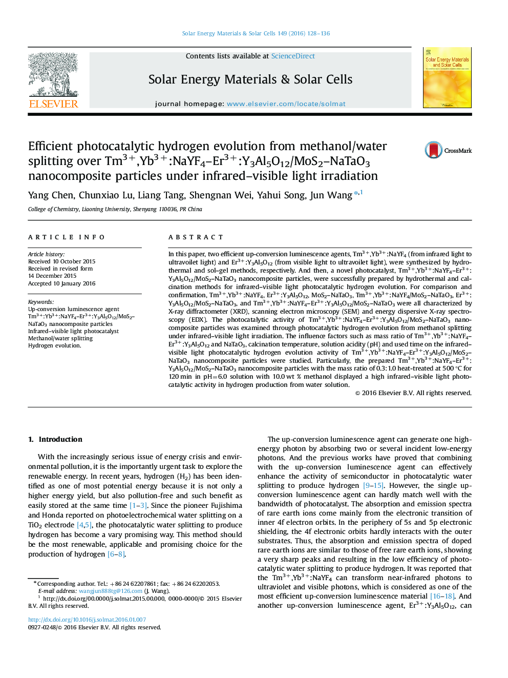 Efficient photocatalytic hydrogen evolution from methanol/water splitting over Tm3+,Yb3+:NaYF4-Er3+:Y3Al5O12/MoS2-NaTaO3 nanocomposite particles under infrared-visible light irradiation