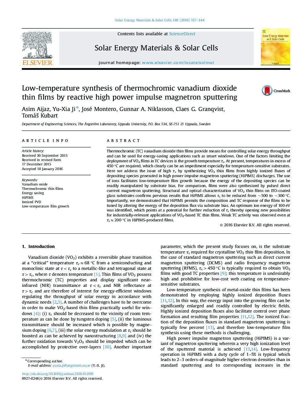 Low-temperature synthesis of thermochromic vanadium dioxide thin films by reactive high power impulse magnetron sputtering