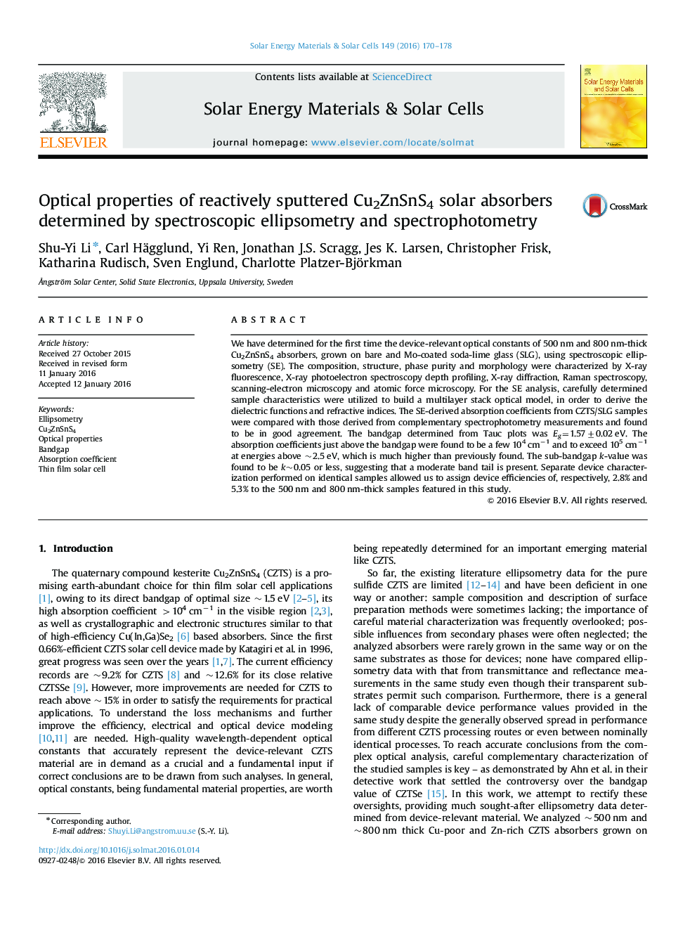 Optical properties of reactively sputtered Cu2ZnSnS4 solar absorbers determined by spectroscopic ellipsometry and spectrophotometry