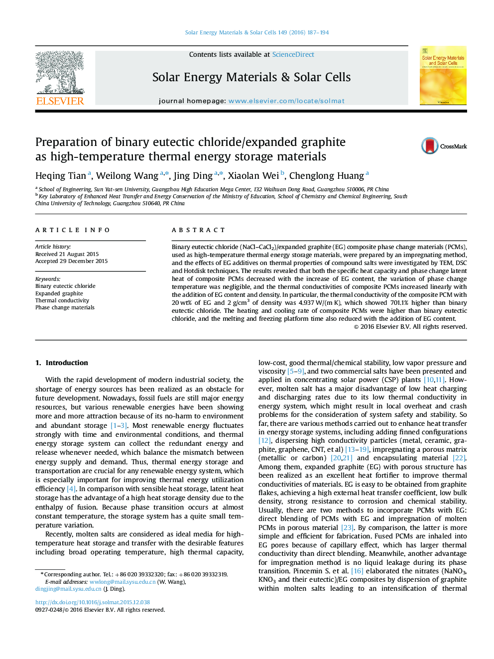 Preparation of binary eutectic chloride/expanded graphite as high-temperature thermal energy storage materials