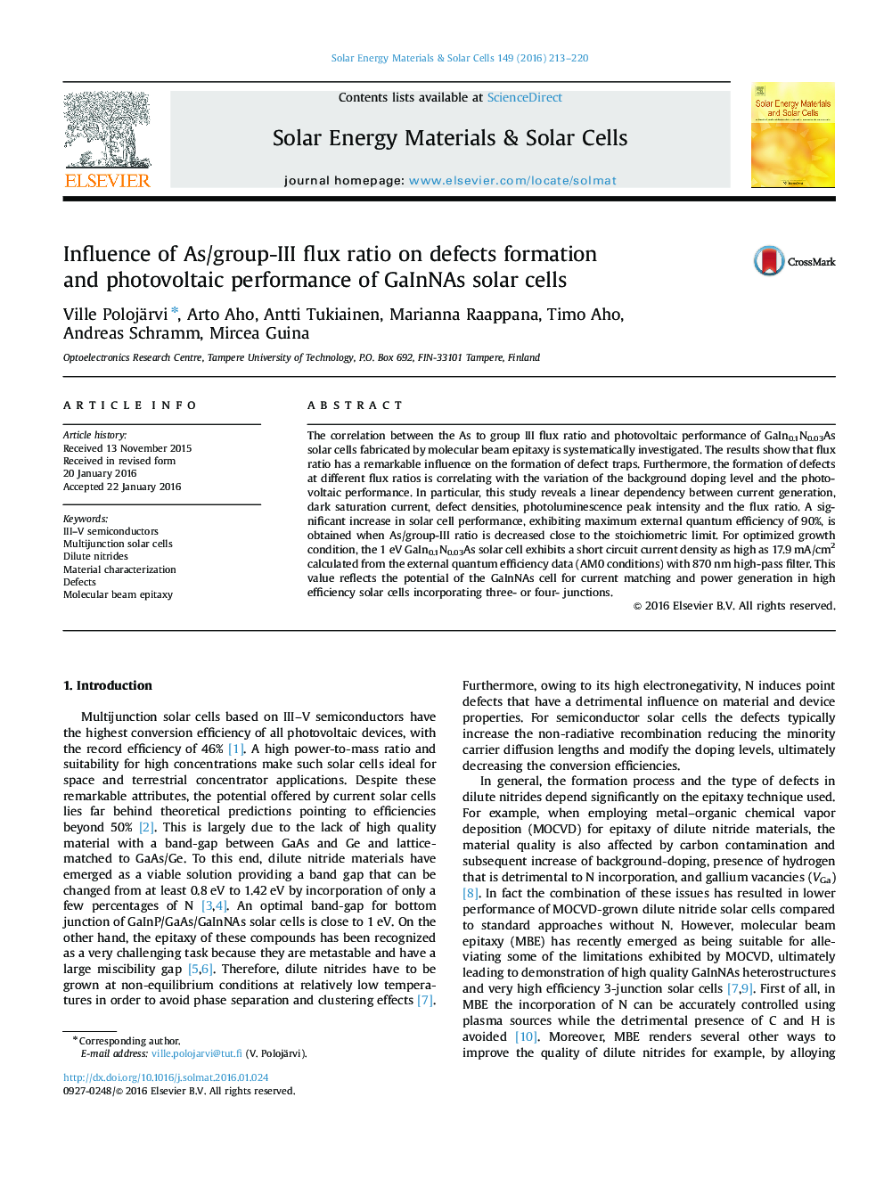 Influence of As/group-III flux ratio on defects formation and photovoltaic performance of GaInNAs solar cells